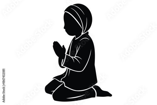 Black silhouette of a child in a hijab kneeling in prayer on a white background with hands clasped together with illustration