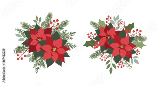 Two beautiful Christmas floral bouquets featuring vibrant red poinsettia flowers, pine branches, holly leaves, and festive red berries, isolated on a white background.
