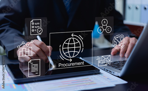 Businessman managing procurement workflow with logistics planning, supply chain coordination, inventory control, and import export processes to secure efficient product sourcing.
