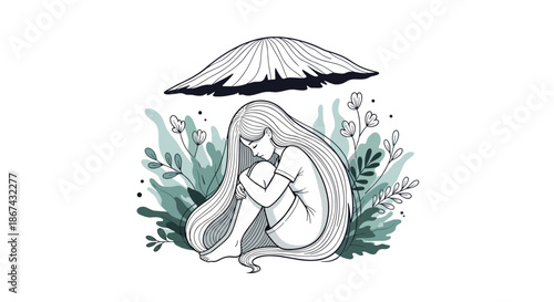 A whimsical black and white line art illustration of a sad girl with long hair curled up under the protection of a large mushroom, surrounded by foliage.