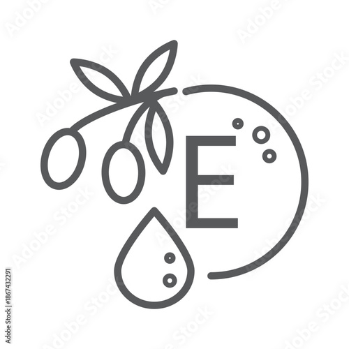 Line icon of vitamin E and olive branch and oil drop. Pictogram for food supplements or healthy products. Black and white symbol for educational purposes, packaging, and nutritional content.