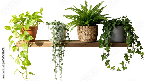 Wooden shelf with assorted houseplants isolated on transparent background