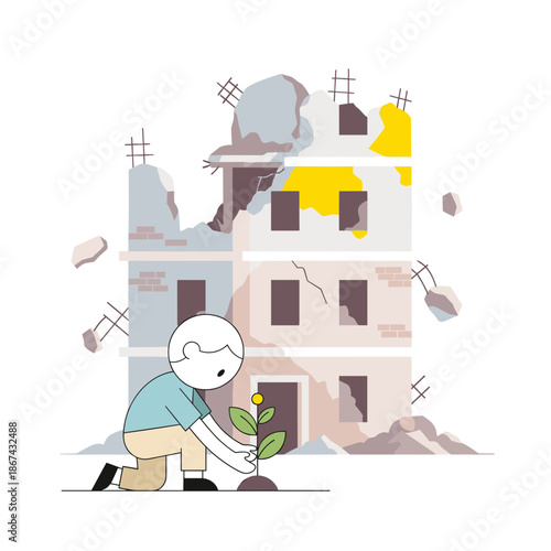 Child planting a flower near a damaged building in a city  