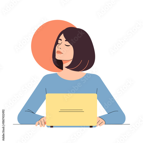 Young woman relaxing with laptop and eyes closed in soft light  