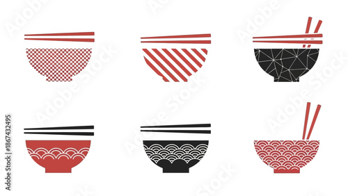 Stylized bowls with chopsticks vector illustrations of asian cuisine