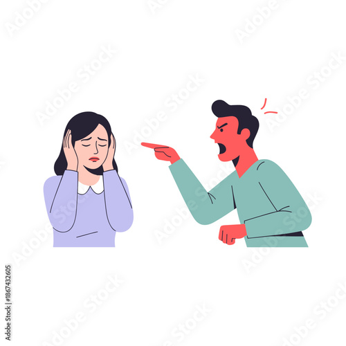 Man yelling at woman covering her ears in emotional confrontation  