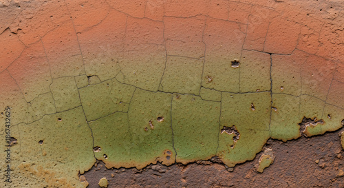 Close-up of weathered wall, showing a gradient of earthy tones with cracks and surface imperfections. Reveals texture
