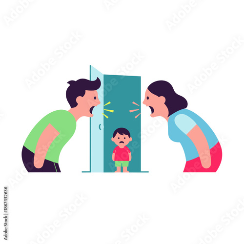 Parents arguing loudly in front of scared child at home  