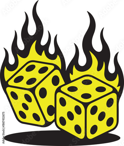 Two bright yellow dice with black dots caught amidst dynamic black and yellow flames