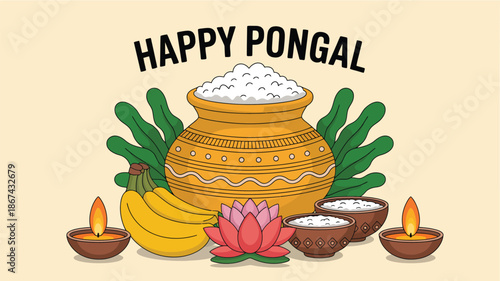 Happy Pongal Indian harvest festival illustration with traditional pot rice sugarcane banana lotus and oil lamps
