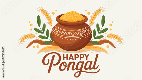 Happy pongal festival illustration with traditional clay pot, rice grains and decorative leaves celebrating south indian harvest festival culture