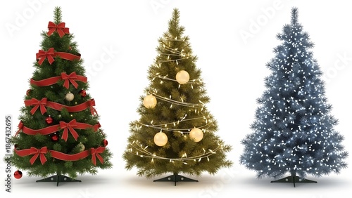 Three Decorated Christmas Trees with Red Ribbons Lights and Snow