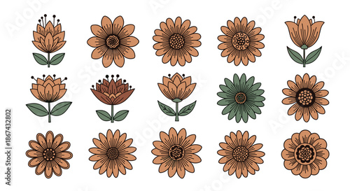 A lovely collection of fifteen hand-drawn flowers in a rustic brown and green color palette, featuring intricate line art details in a charming, folk-inspired style.