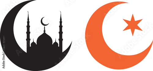 Two distinct Muslim crescent moon and star symbols representing Islamic faith and sacred places