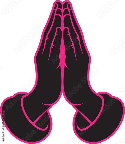 Two hands outlined in vibrant pink held together in a gesture of prayer or namaste