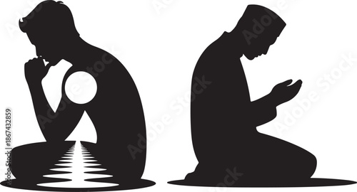 Two male silhouettes depicting deep contemplation and a man in a posture of prayer