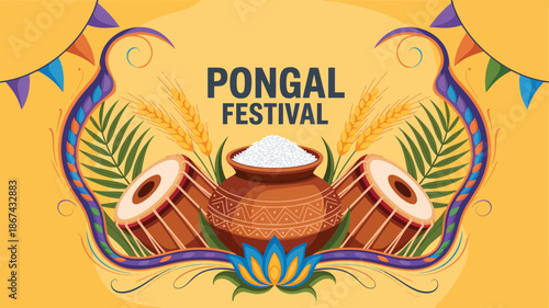 Pongal festival celebration illustration with traditional clay pots, sugarcane and decorative elements for south indian harvest festival greeting