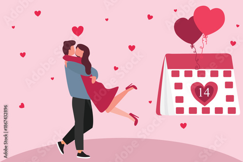 Wallpaper Mural February 14. calendar. Embracing Love. Joyful . Young couple falling in love on Valentine's Day vector  illustration Torontodigital.ca