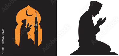 Two powerful silhouettes depict Muslim men praying in front of a mosque with a crescent moon