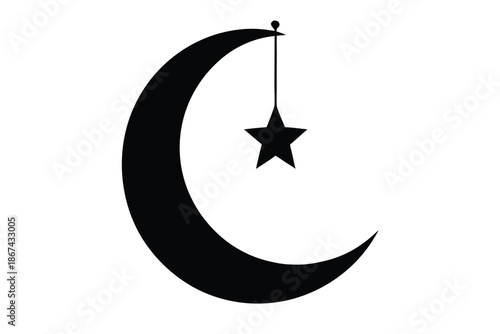 A black crescent moon with a star hanging from it on a white background for ramadan or islamic celebrations with illustration