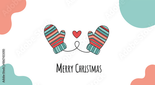 A cute 'Merry Christmas' greeting card featuring two colorful striped mittens connected by a string that forms a heart, set against a simple abstract background.