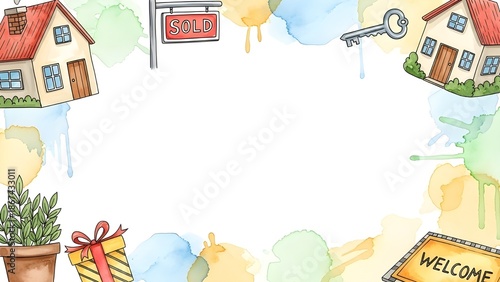 Watercolor art of houses, key, sign, and welcome gift on background  