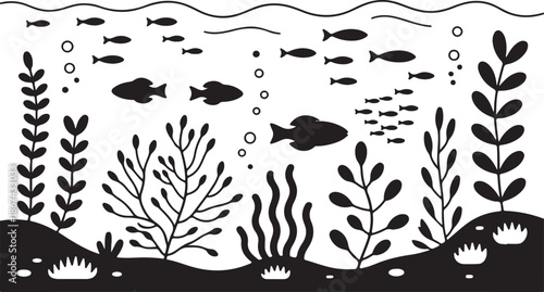 Black silhouette fish and varied underwater plants swim and grow in a serene aquatic environment