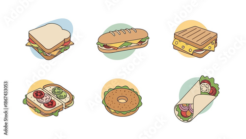 Assortment of sandwiches diverse culinary illustrations on white background