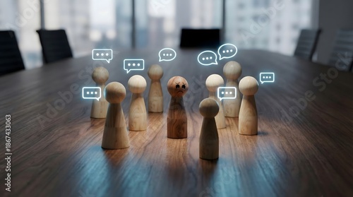 Concept of workplace bullying and exclusion,wooden figure being judged by group,highlighting mental health and social issues in corporate culture