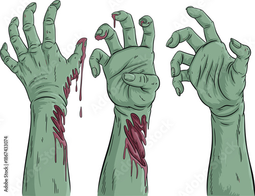 Green zombie hands reaching up vector illustration, undead arms with blood for Halloween horror party design
