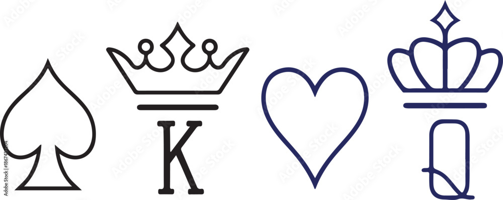 Naklejka premium Classic playing card symbols including a spade, a crowned King, a heart, and a crowned Queen