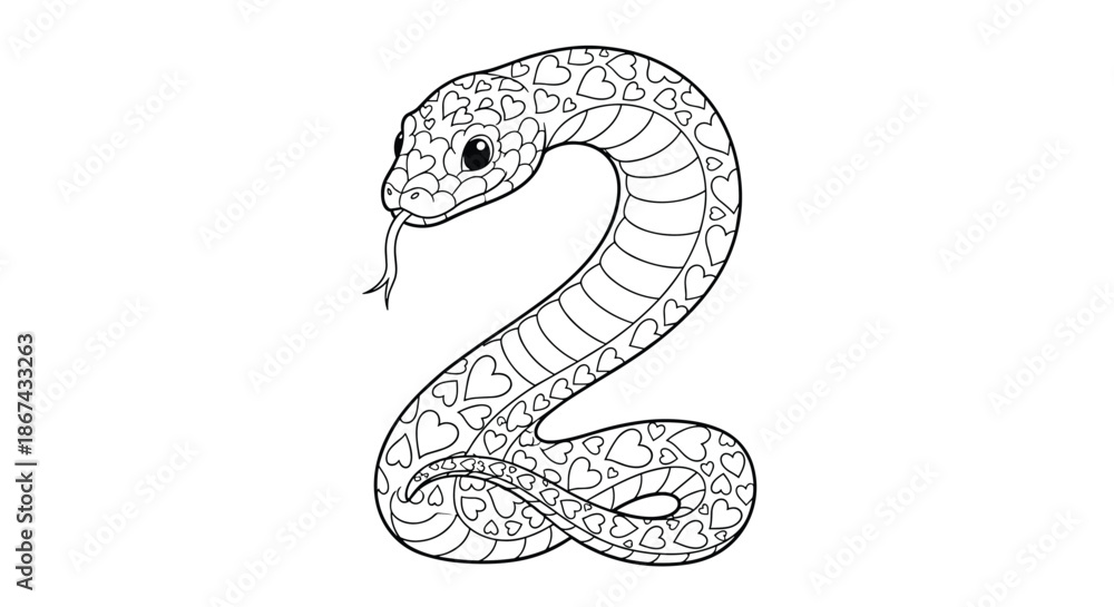Fototapeta premium A cute snake shaped like the number two, featuring intricate heart patterns on its scales, designed as a creative coloring page for kids and adults.