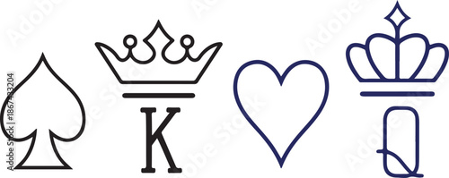 Classic playing card symbols including a spade, a crowned King, a heart, and a crowned Queen
