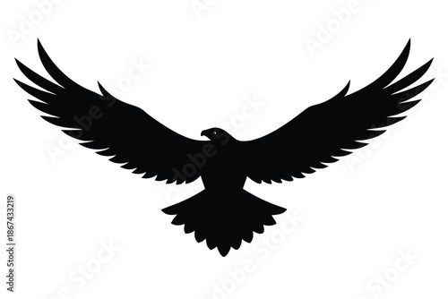Black silhouette of an eagle with wings spread wide on white background for graphic design use with eagle silhouette