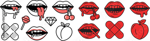 Collection of stylized red and white lips with quirky sweet and playful symbols