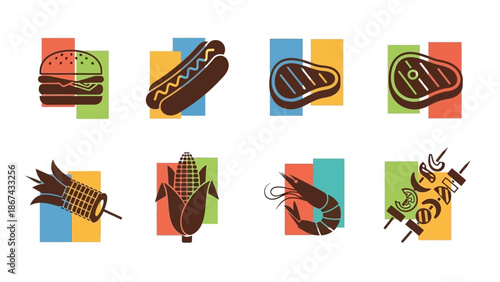 Colorful food icons including burger hotdog steak corn shrimp and skewer
