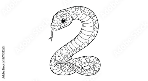 A cute snake shaped like the number two, featuring intricate heart patterns on its scales, designed as a creative coloring page for kids and adults.