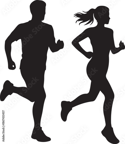 Dynamic black silhouettes of a man and a woman actively running or jogging together
