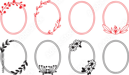 Eight distinct oval frames featuring various floral and leaf patterns in both red and black outlines
