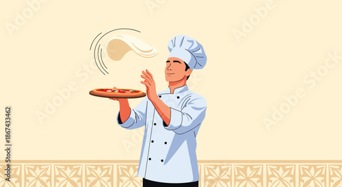 An expert chef in a traditional uniform skillfully tossing and spinning pizza dough in the air, with a finished pizza ready in his other hand.