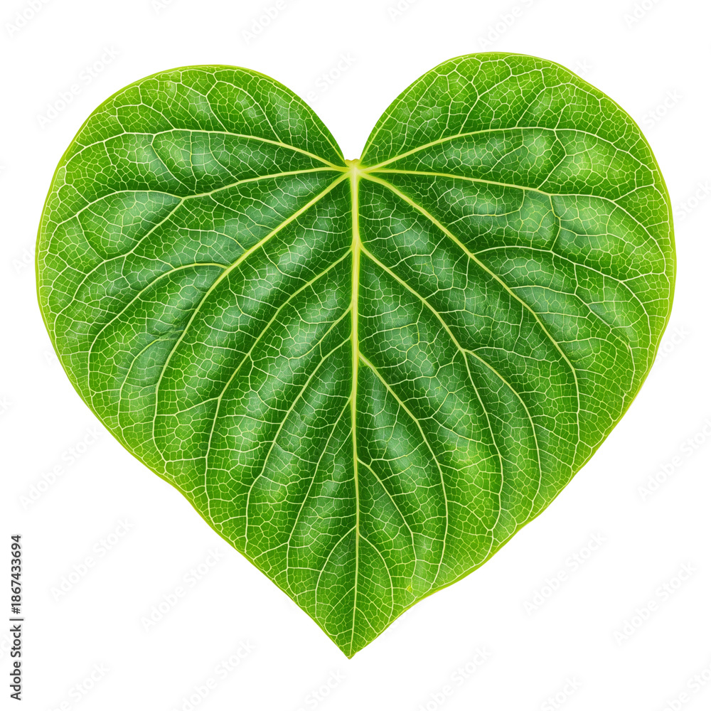 Obraz premium Isolate transparent with green heart shaped leaf ,green heart shaped leaf nature love symbol, green leaf heart shape clean cutout for PNG die-cut for advertising 