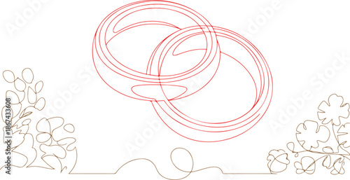 Elegant single line drawing illustrating two intertwined wedding rings with delicate floral elements