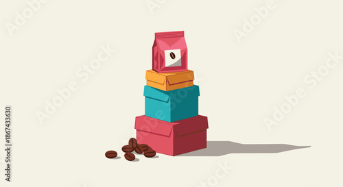 A minimalist illustration of a stack of colorful gift boxes with a bag of coffee beans on top and loose beans at the base, suggesting a coffee subscription or gift.