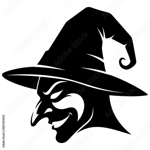 Black silhouette of a wicked witch wearing a pointed hat with a curled brim and a sinister grin perfect for halloween themes with evil and witchcraft
