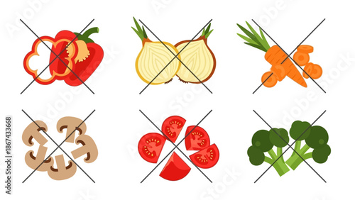 Vegetable illustrations red pepper onion carrot mushroom tomato and broccoli