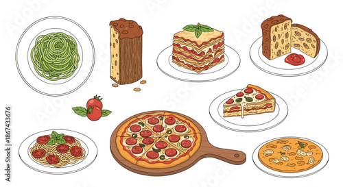 A delicious set of hand-drawn Italian food illustrations, including different types of pizza and pasta, lasagna, and panettone, in a charming, sketchy style.