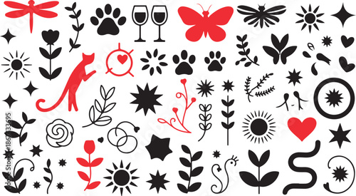 Large collection of diverse black and red simple icons including nature, animals, and celebratory symbols