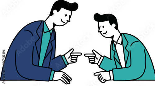 Two smiling businessmen pointing at each other in a simplified vector illustration representing agreement confrontation or mutual responsibility against a black background.
