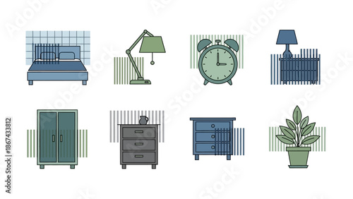 Minimalist bedroom furniture icons set on white background