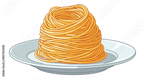 A classic cartoon illustration of a large, perfectly swirled nest of plain spaghetti or noodles served on a simple white plate, ready for sauce.